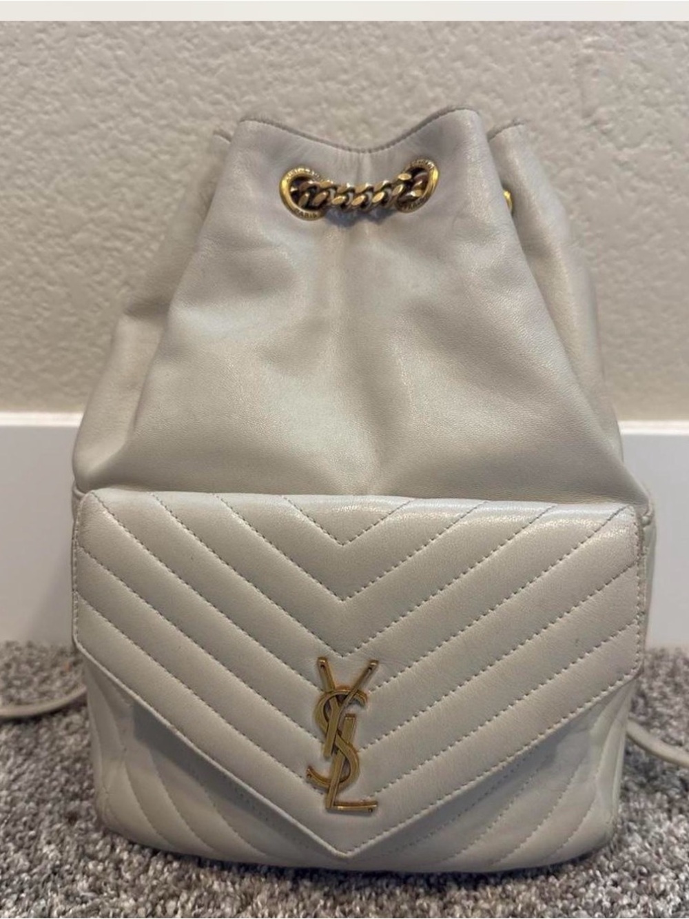 Saint Laurent Cream Quilted Leather Drawstring Backpack with Gold YSL